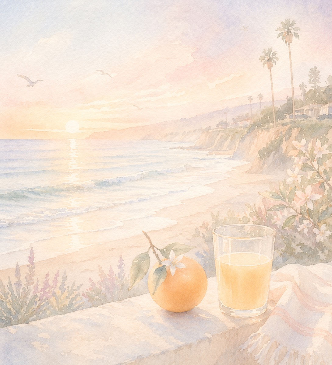 Coastal morning breakfast in pastel tones