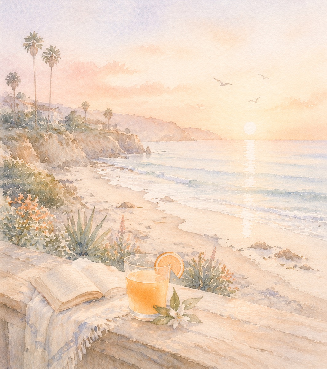 Serene coastal California morning with citrus tones